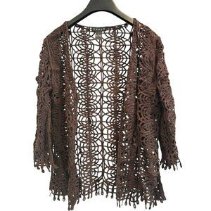 Weavz Brown‎ Crochet Lace Cardigan | Retro Boho Open Front Festival Fit M